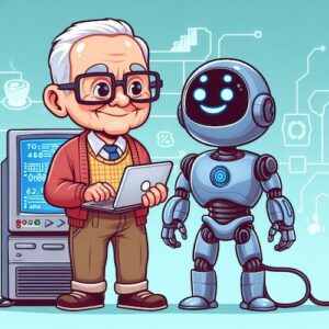 a cartoon of a computer scientist standing next to a humanoid robot