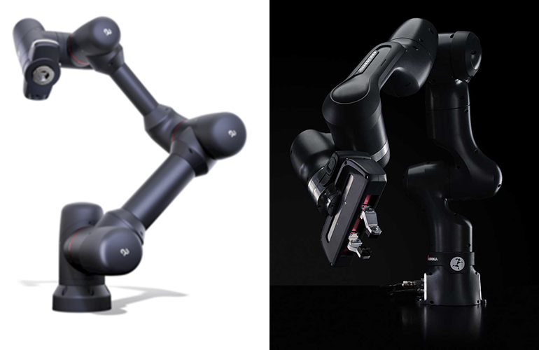 Left, Agile Robots' Yu 5 Industrial collaborative robot. Right, Franka Emika's Production 3 collaborative robot. | Source: Agile Robots, Franka Emika.